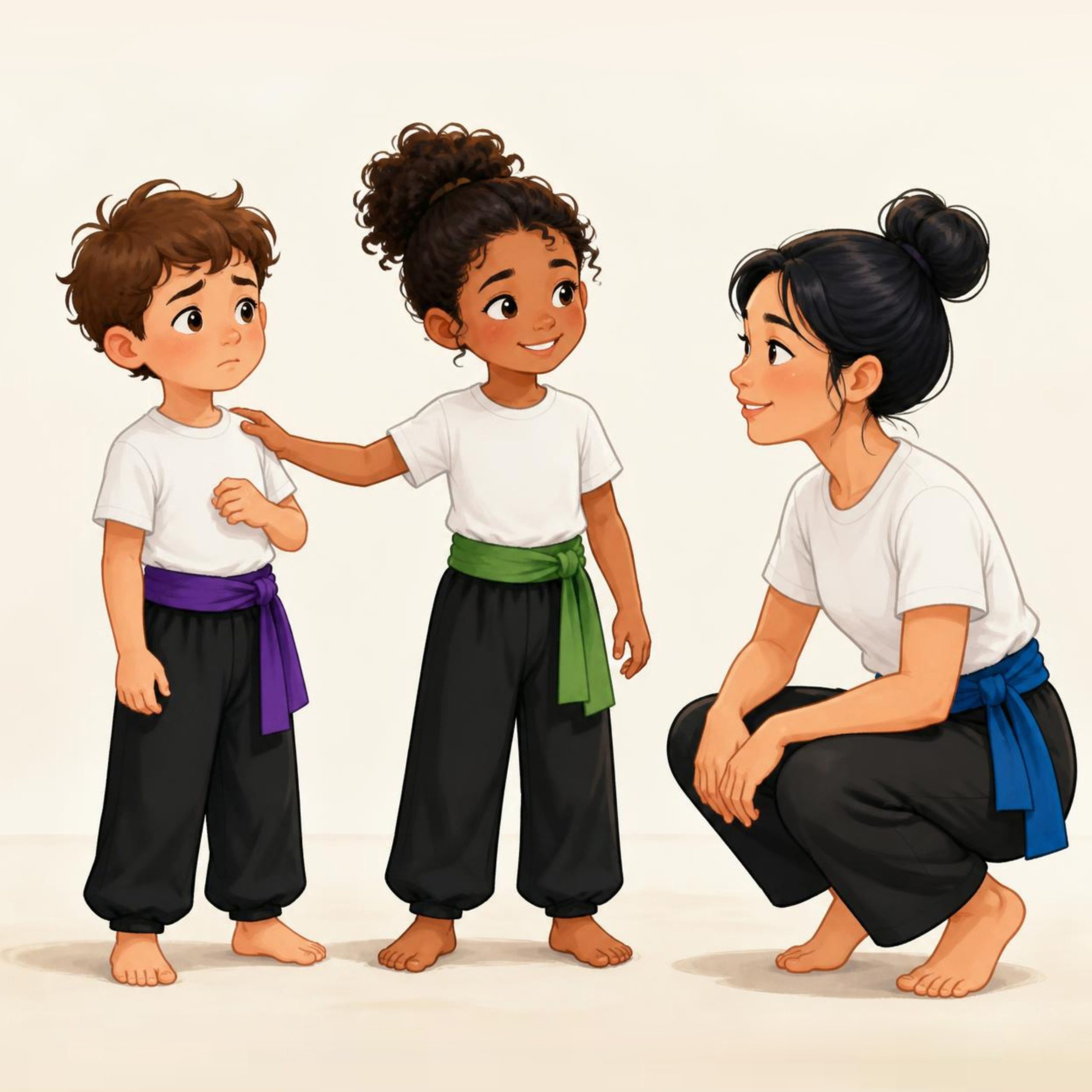 Zwei Kung-Fu-Kinder suchen gemeinsam Unterstützung bei ihrer Trainerin.